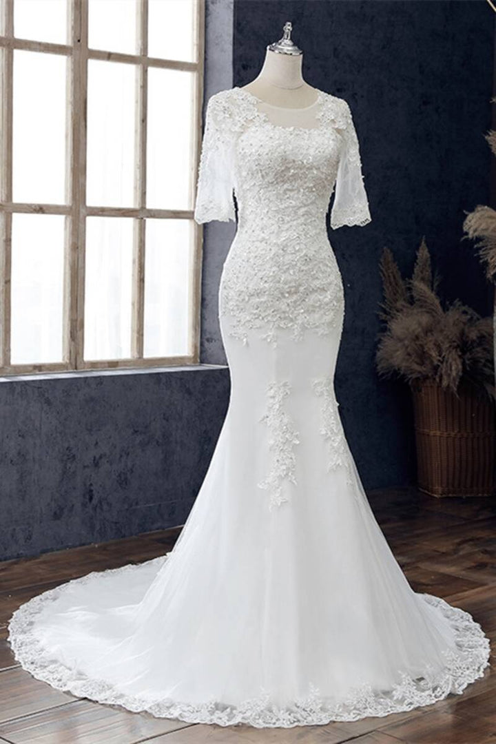 White Appliqués Jewel Half Sleeve Mermaid Wedding Dress