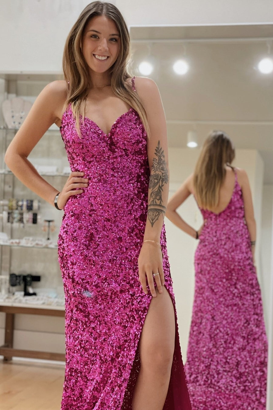 Magenta Sequin V-Neck High Side Slit Long Dress
