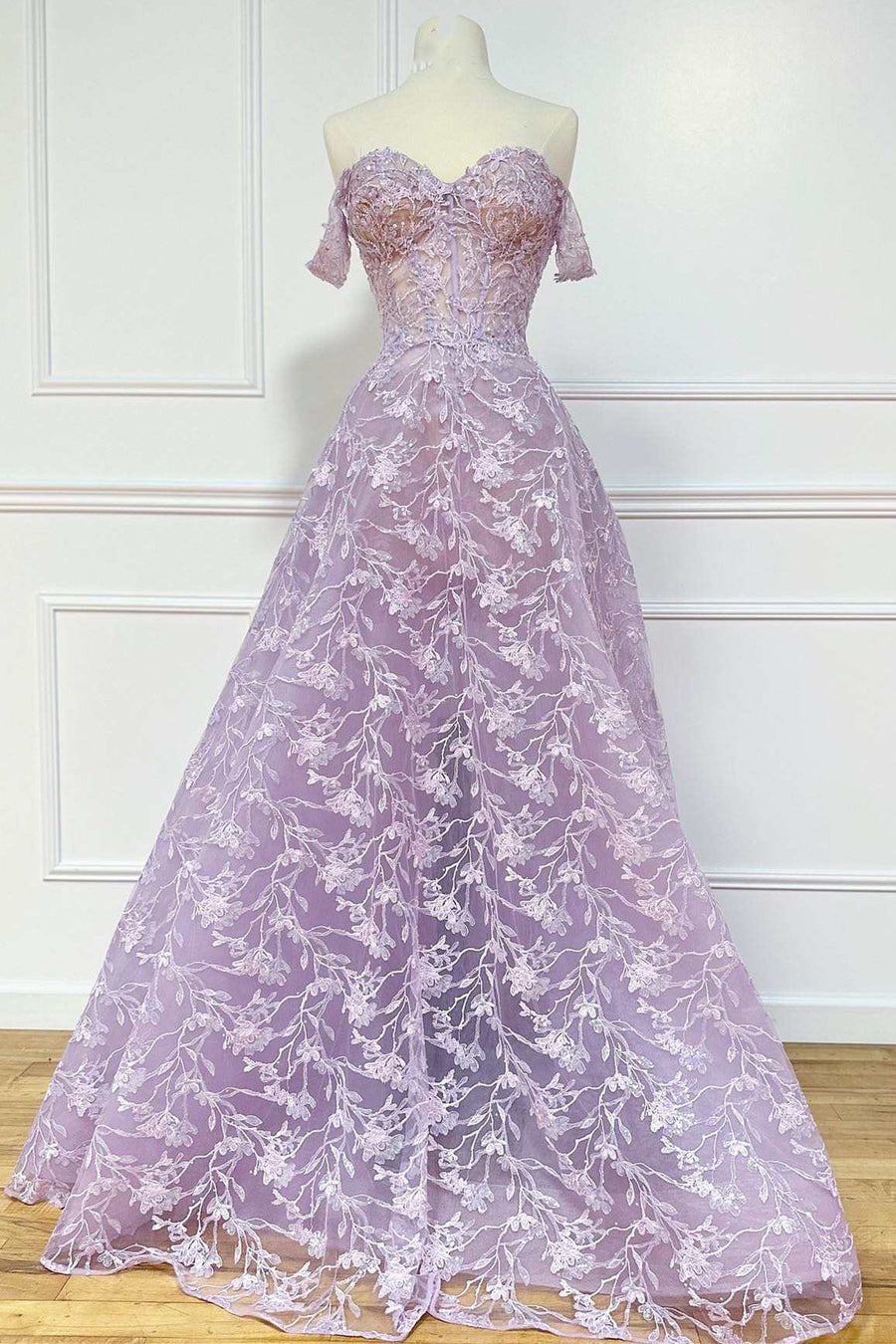 Lilac Floral Lace Off-the-Shoulder A-Line Prom Dress Modsele Lilac Floral Lace Off-the-Shoulder A-Line Prom Dress Modsele