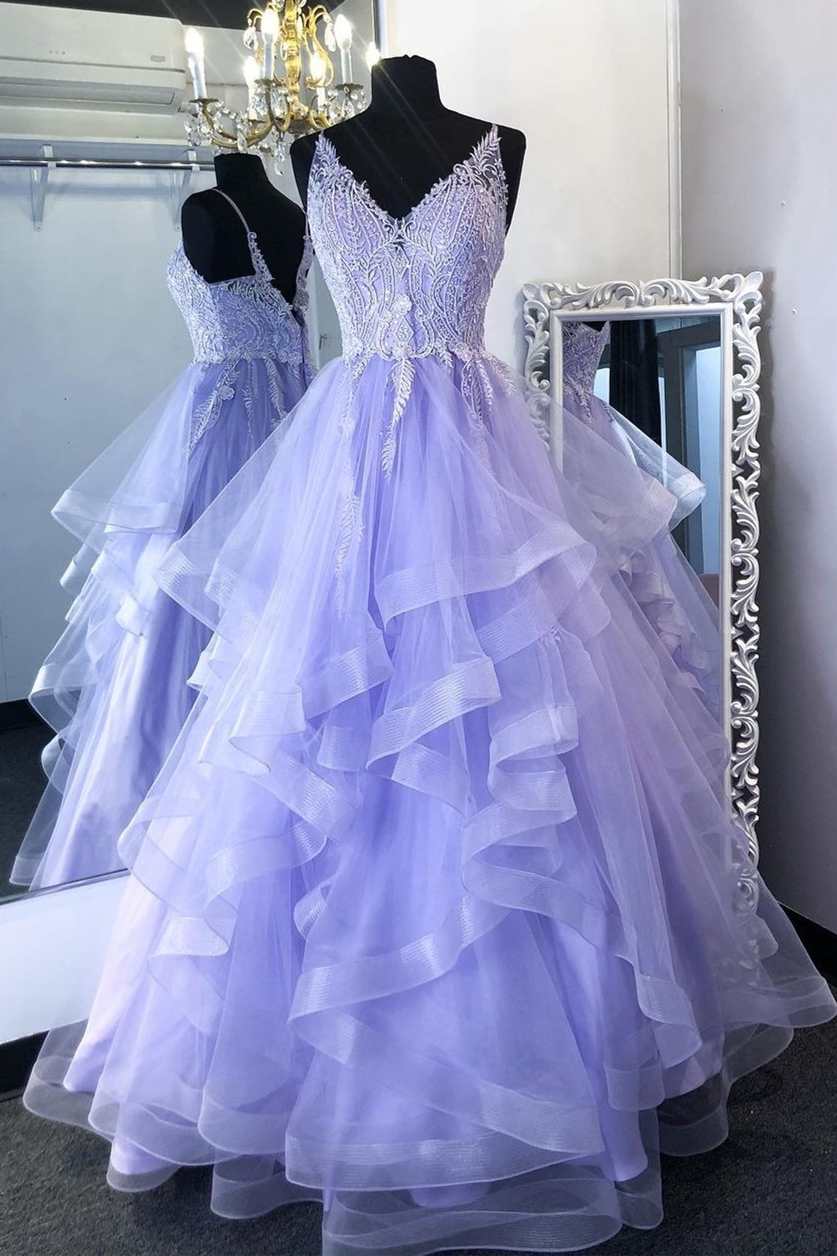 Lavender Lace Tulle V-Neck A-Line Tiered Prom Dress