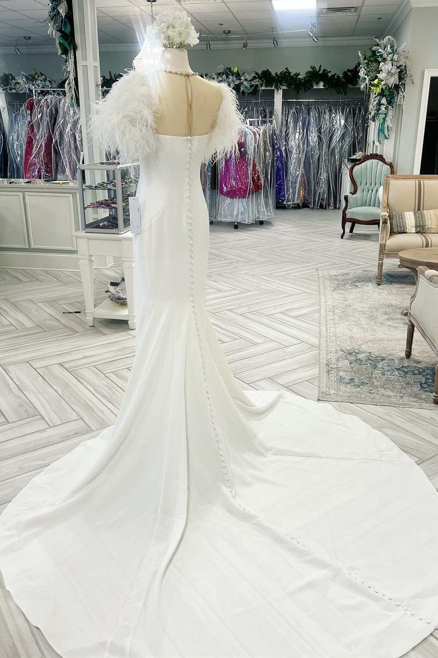 White Feather Illusion Neck Mermaid Long Bridal Gown