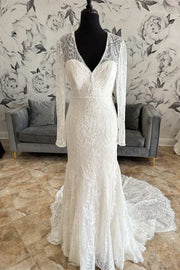 White Lace V-Neck Lace-Up Back Long Sleeve Mermaid Wedding Dress