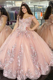 Glitter Pink 3D Floral Lace Off-the-Shoulder Quinceanera Dress