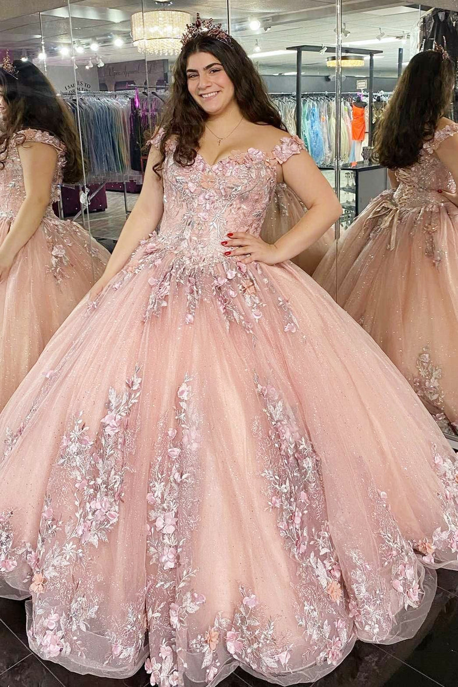 Glitter Pink 3D Floral Lace Off-the-Shoulder Quinceanera Dress Modsele Glitter Pink 3D Floral Lace Off-the-Shoulder Quinceanera Dress Modsele