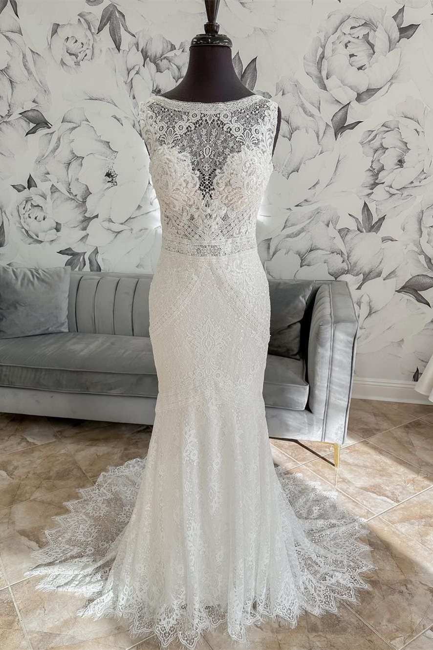 White Lace Open Back Mermaid Long Wedding Dress