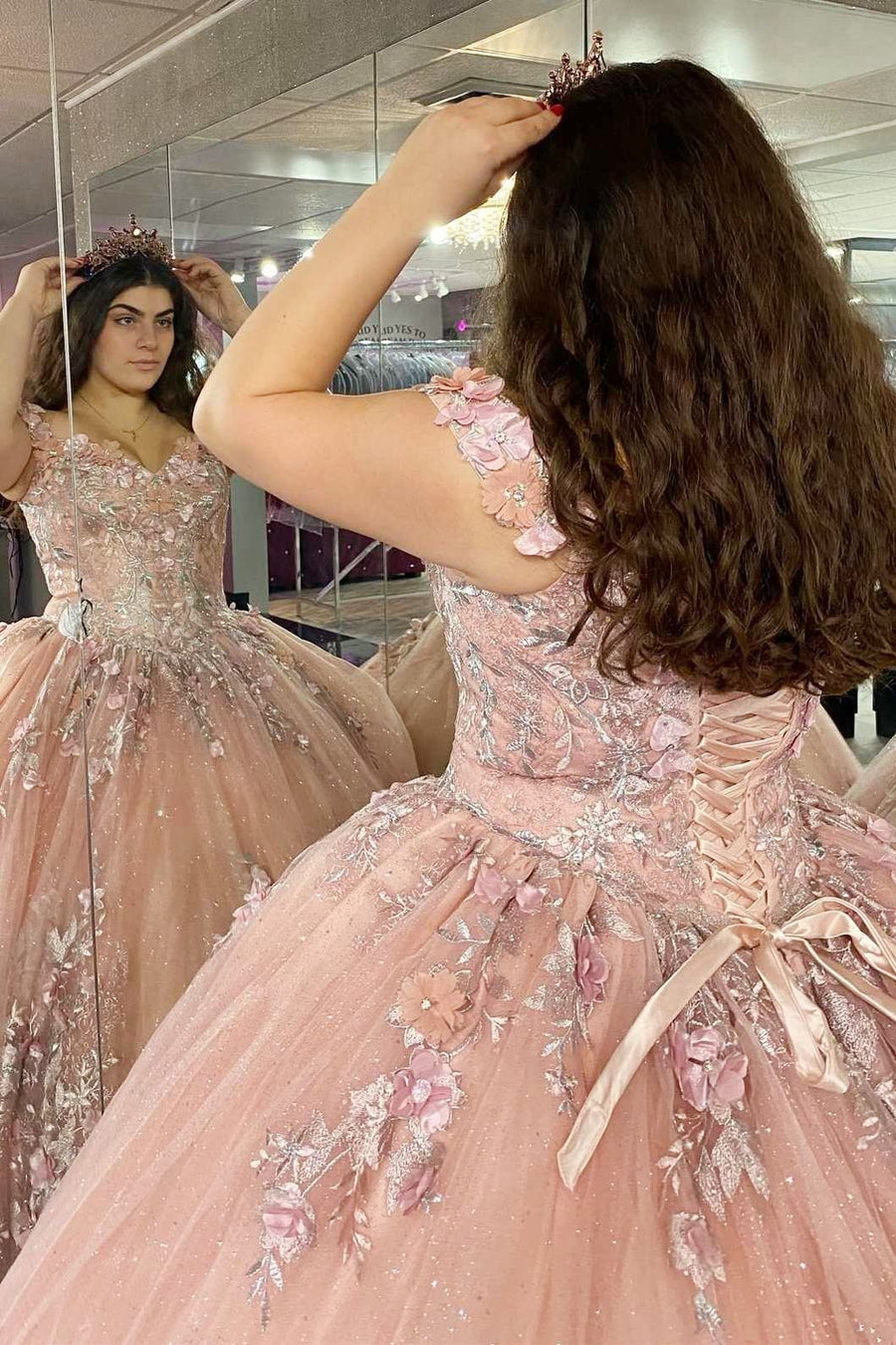 Glitter Pink 3D Floral Lace Off-the-Shoulder Quinceanera Dress Modsele Glitter Pink 3D Floral Lace Off-the-Shoulder Quinceanera Dress Modsele