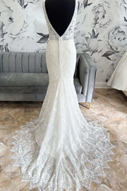 White Lace Open Back Mermaid Long Wedding Dress