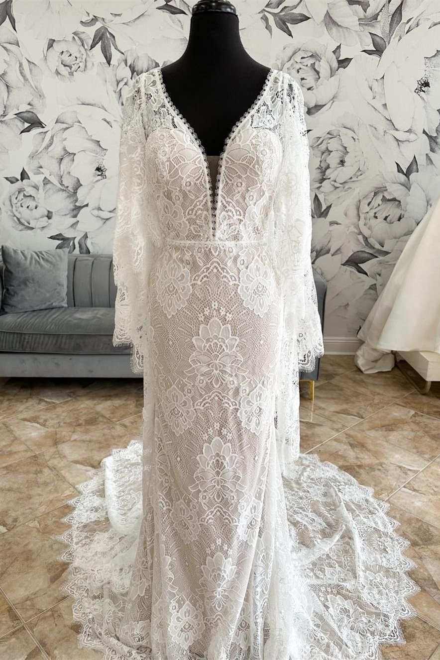 White Lace Plunge V Mermaid Long Wedding Dress with Bell Sleeves