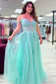 Aqua Floral Lace Sweetheart A-Line Prom Dress