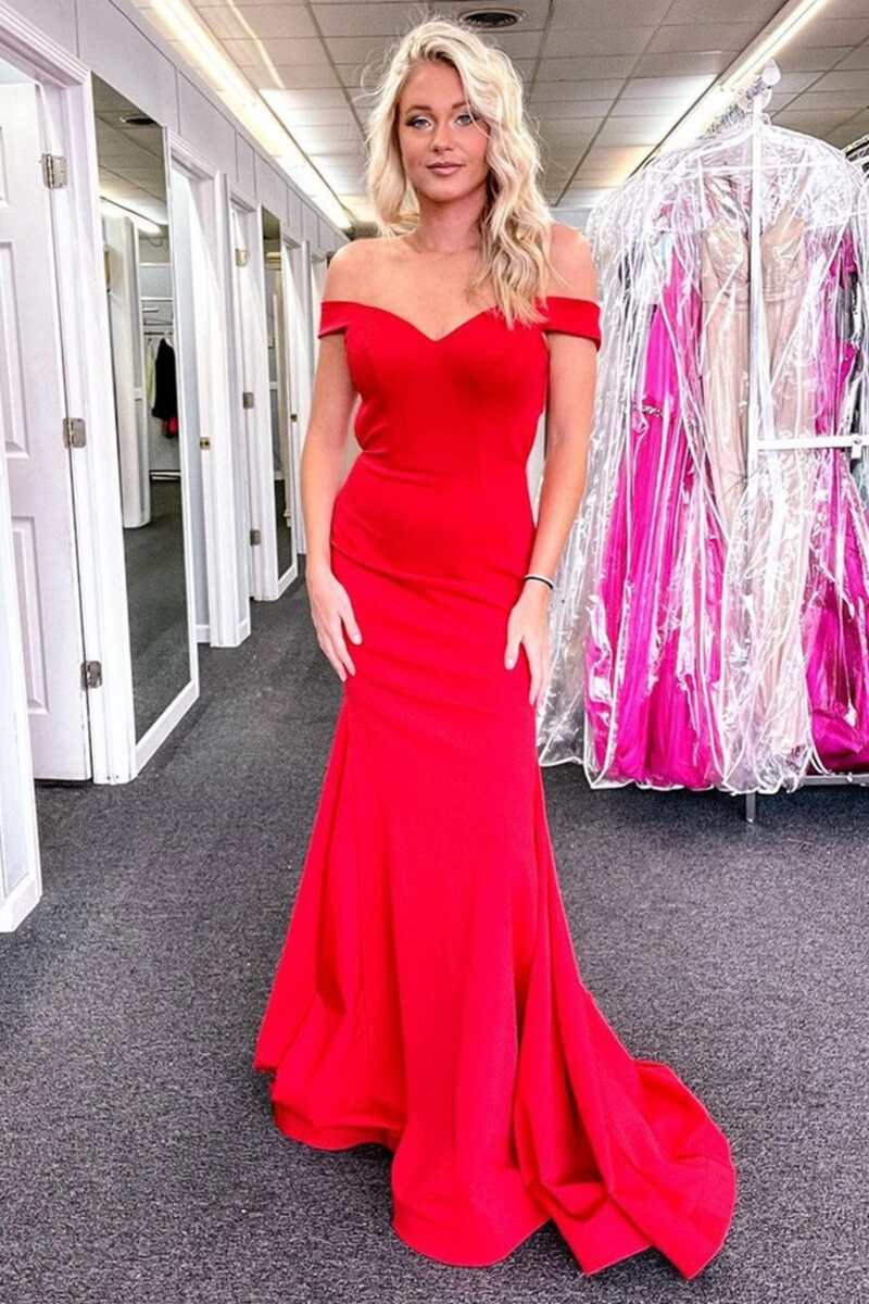 Elegant Red Off-the-Shoulder Backless Trumpet Long Prom Dress