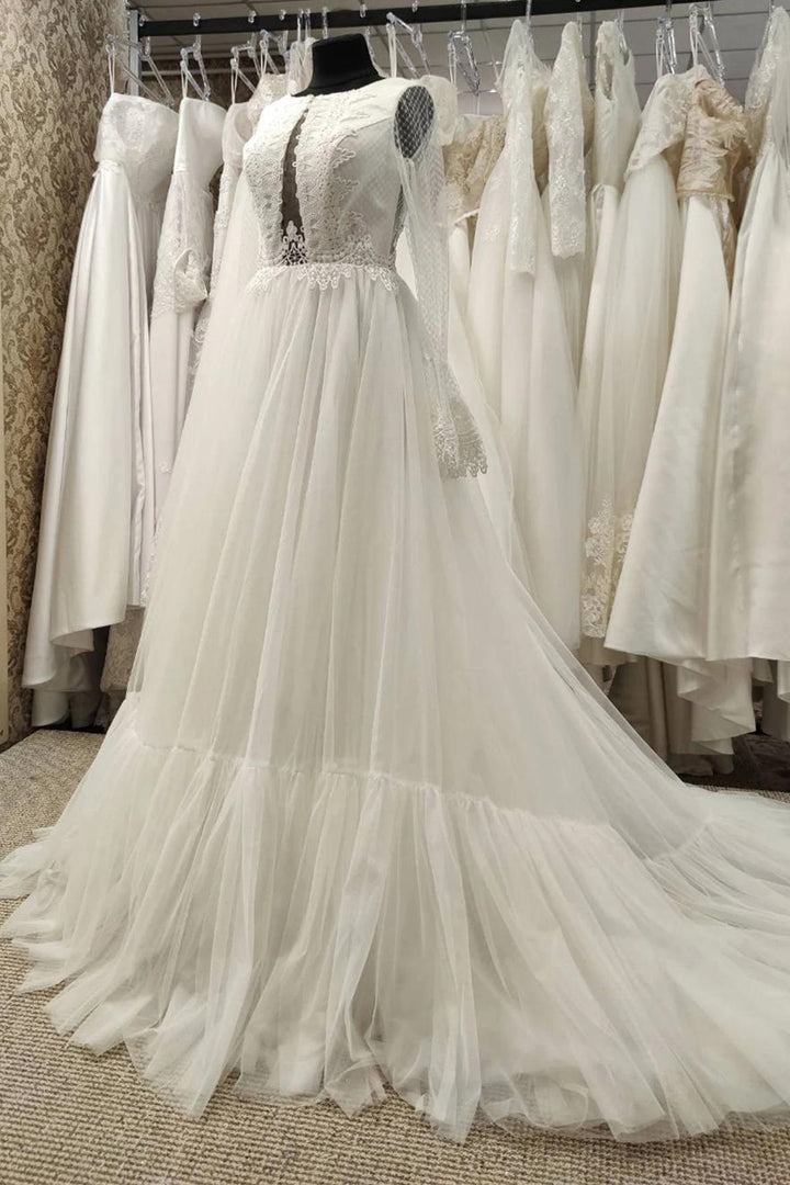 Off White Tulle Keyhole Flared Cuff Long Wedding Dress