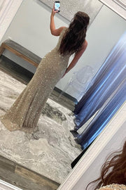 Champagne Beaded Plunge V Long Formal Dress with Slit