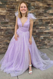 Lilac Sequin Feather V-Neck A-Line Long Prom Dress with Slit