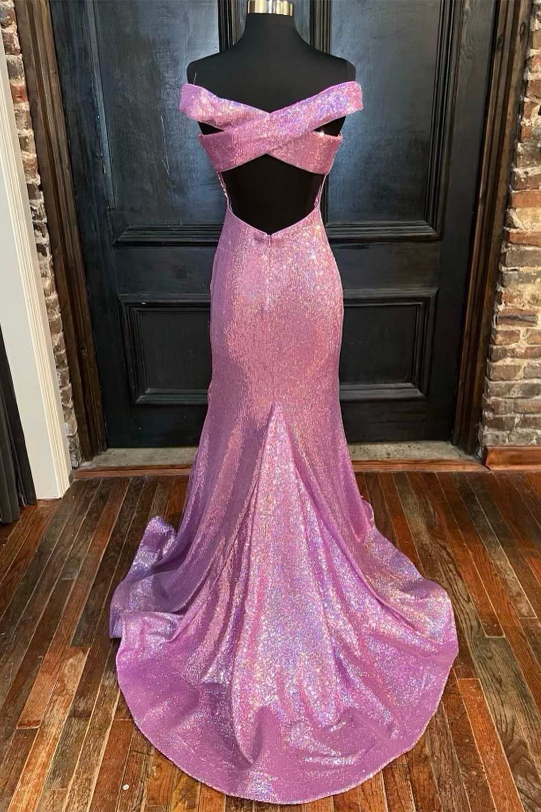 Lilac Sequin Off-the-Shoulder Backless Mermaid Long Prom Dress