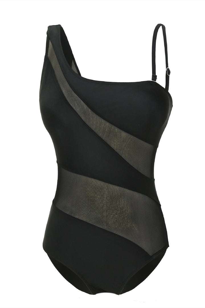 Black Mesh One-Shoulder Swimsuit
