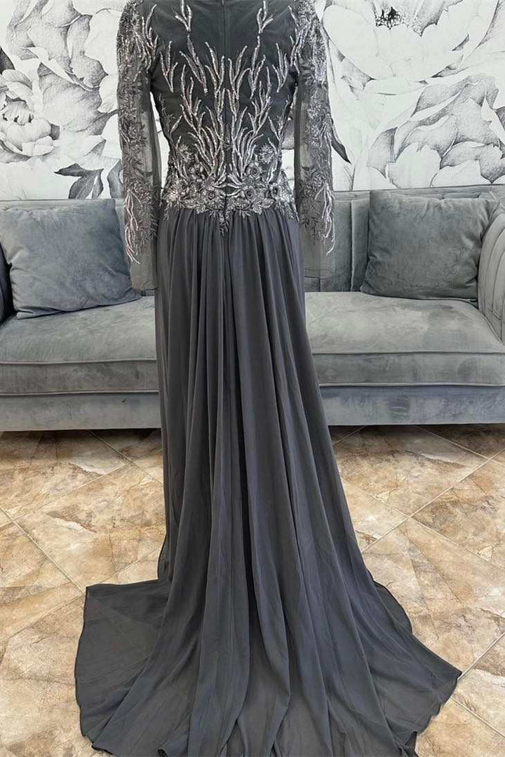 Gray Appliques Round Neck Mermaid Long Formal Dress