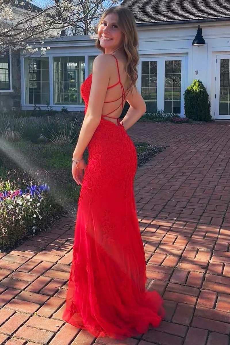 Red Applique V-Neck Lace-Up Mermaid Long Prom Dress with Slit