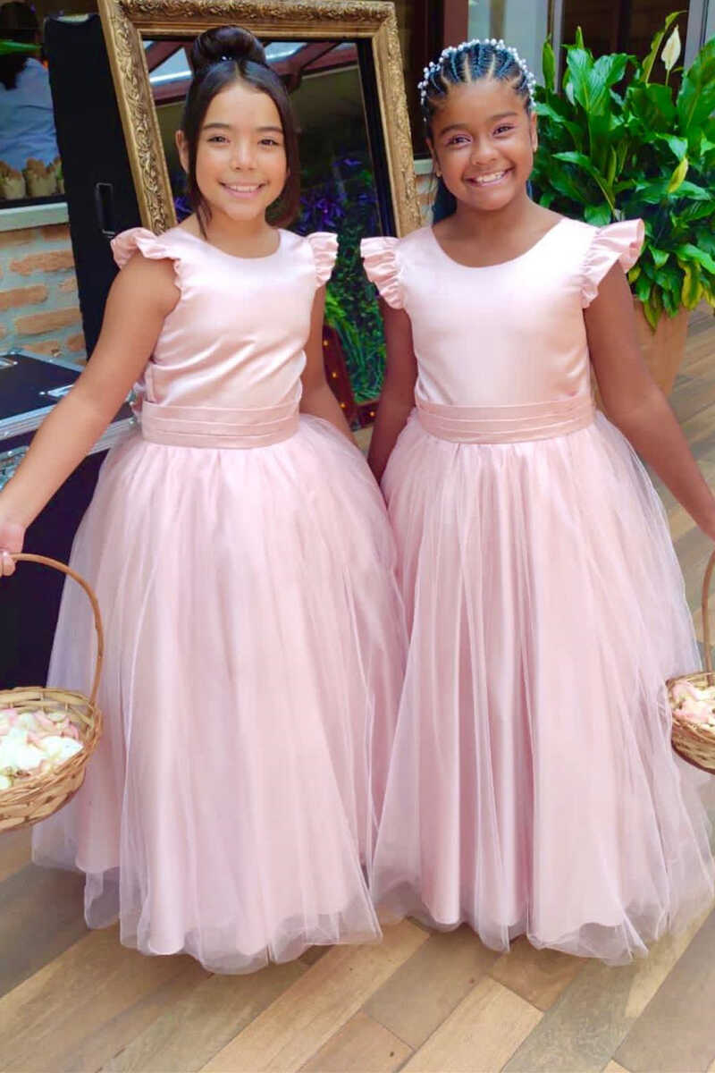Pink Crew Neck Ruffled A-Line Flower Girl Dress