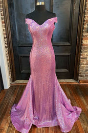 Lilac Sequin Off-the-Shoulder Backless Mermaid Long Prom Dress