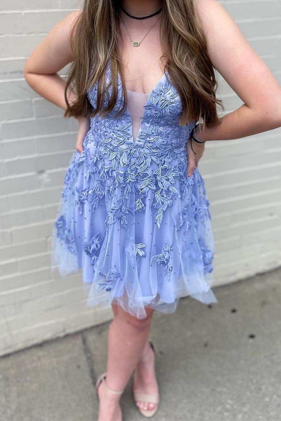 Periwinkle Appliques Plunge V Lace-Up A-Line Homecoming Dress