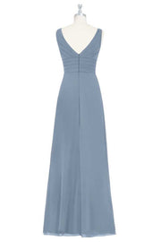 Dusty Blue V-Neck Backless Ruffled Long Bridesmaid Dress