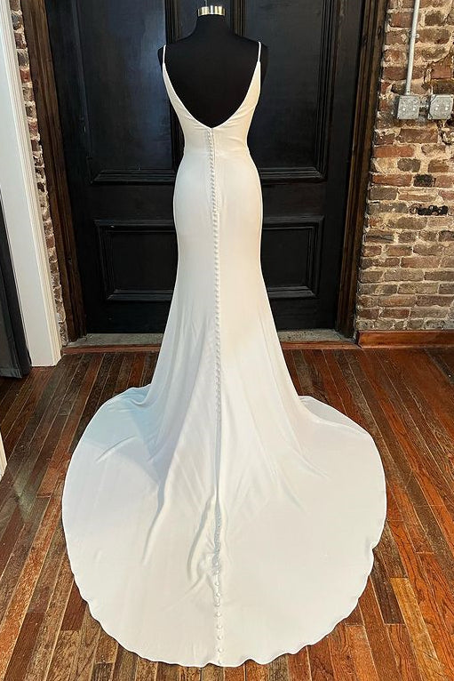 White Cowl Neck Backless Mermaid Long Wedding Dress with Slit