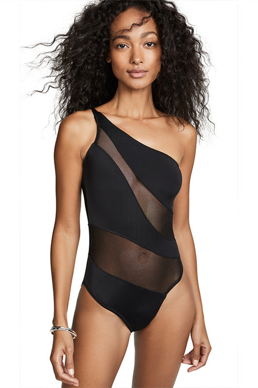 Black Mesh One-Shoulder Swimsuit