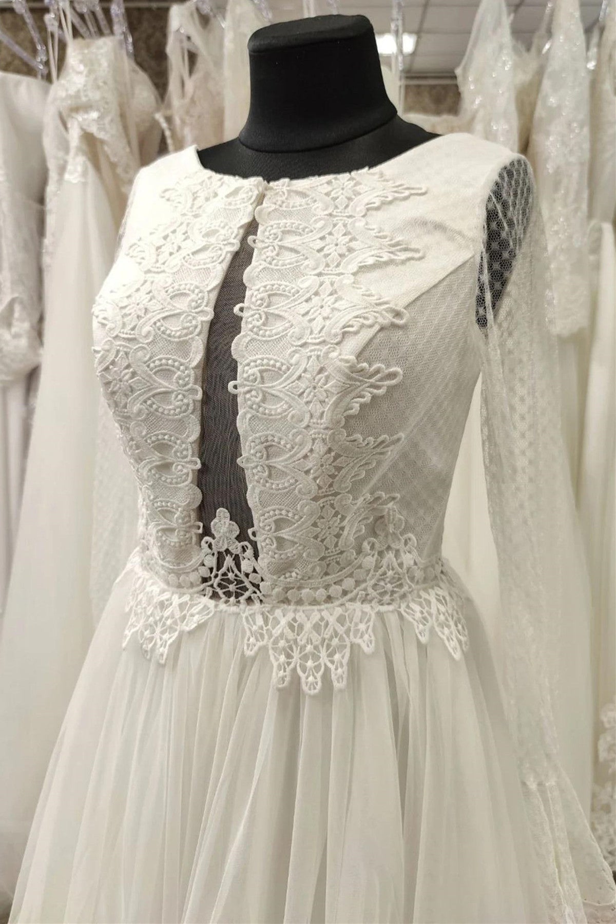 Off White Tulle Keyhole Flared Cuff Long Wedding Dress