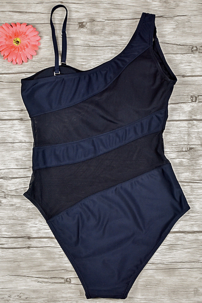 Black Mesh One-Shoulder Swimsuit