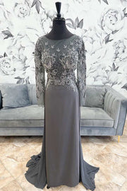 Gray Appliques Round Neck Mermaid Long Formal Dress