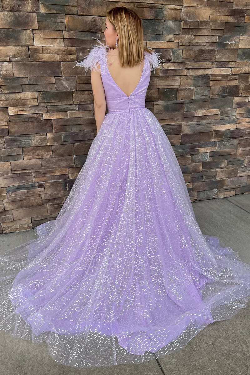 Lilac Sequin Feather V-Neck A-Line Long Prom Dress with Slit