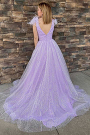 Lilac Sequin Feather V-Neck A-Line Long Prom Dress with Slit