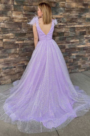 Glitter Light Blue Sequin V-Neck A-Line Feathers Prom Dress