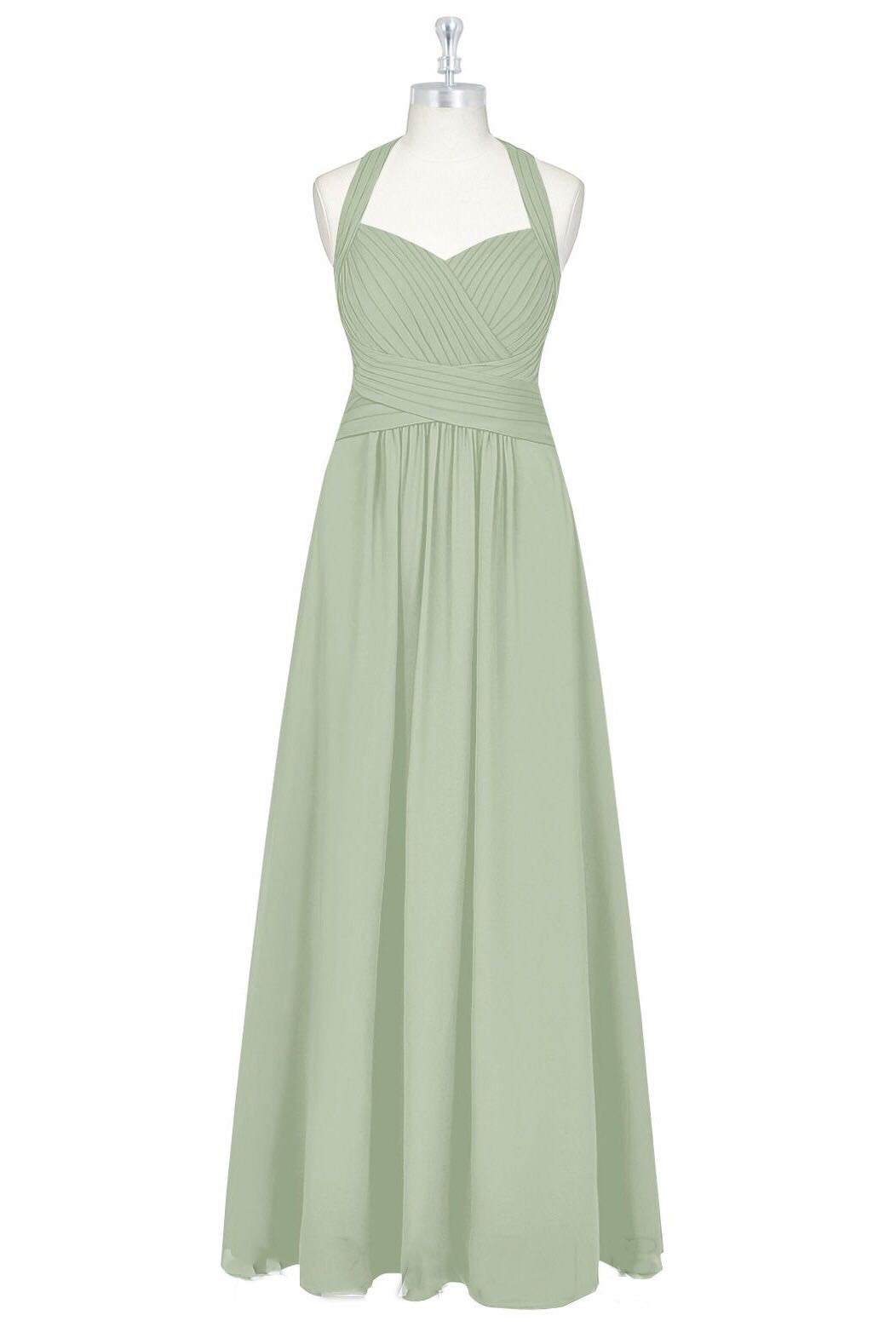 Sage Green Chiffon Halter A-Line Long Maid of Honor Dress – Modsele