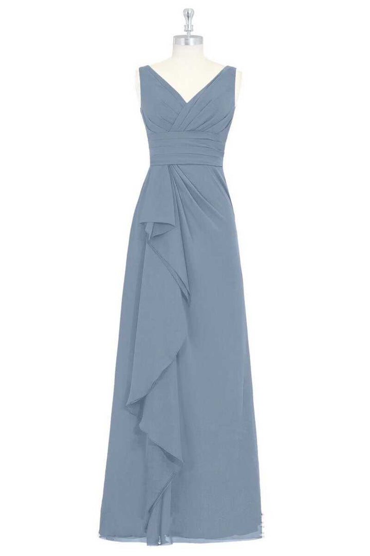 Dusty Blue V-Neck Backless Ruffled Long Bridesmaid Dress