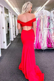 Elegant Red Off-the-Shoulder Backless Trumpet Long Prom Dress
