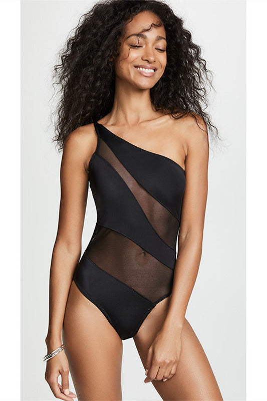 Black Mesh One-Shoulder Swimsuit – Modsele