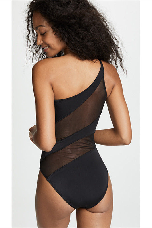Black Mesh One-Shoulder Swimsuit