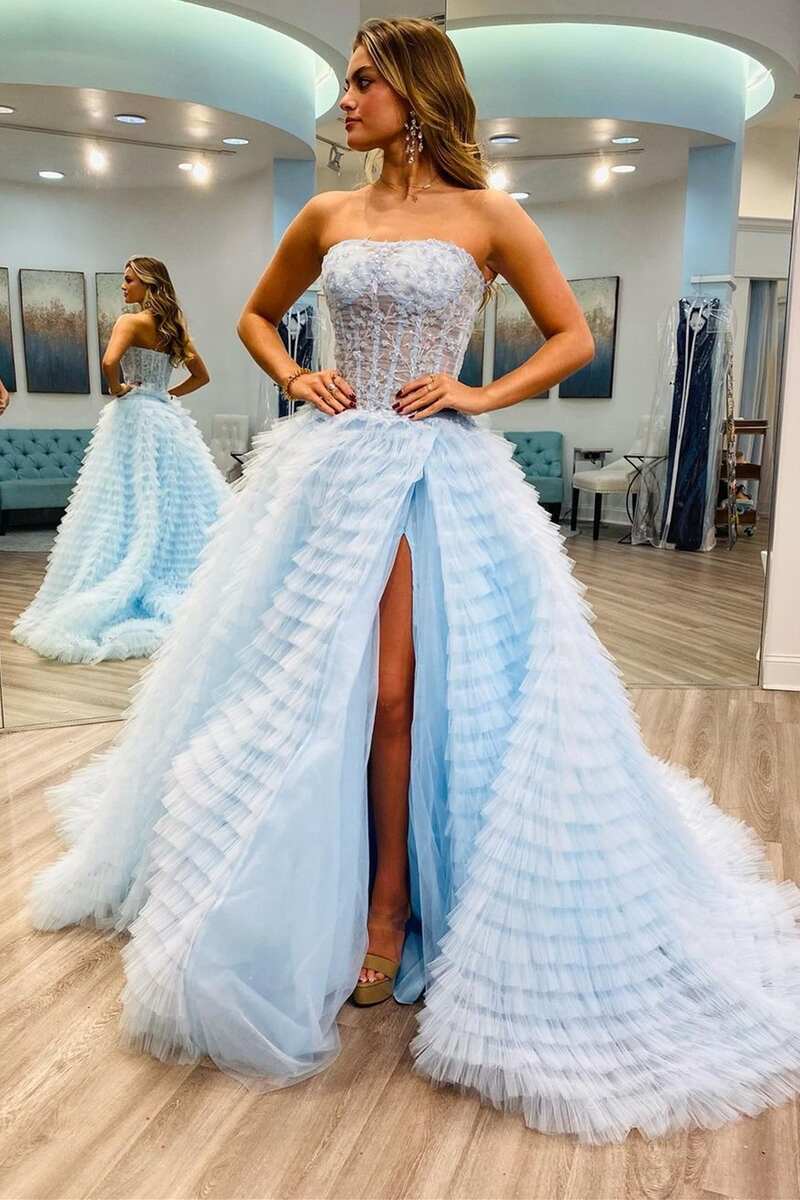Tiered Light Blue Strapless A-Line Prom Dress with Slit