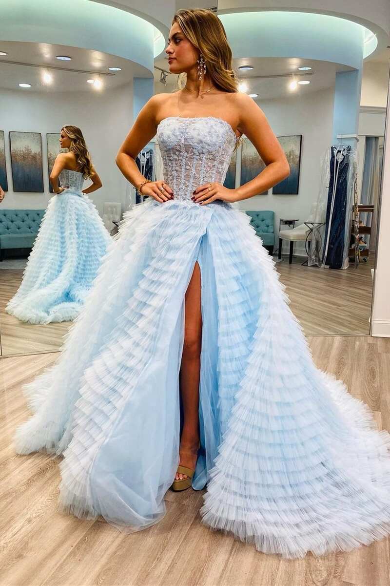 Tiered Light Blue Strapless A-Line Prom Dress with Slit Modsele Tiered Light Blue Strapless A-Line Prom Dress with Slit Modsele