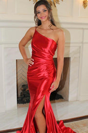 Orange One-Shoulder Ruched Long Prom Dress with Slit