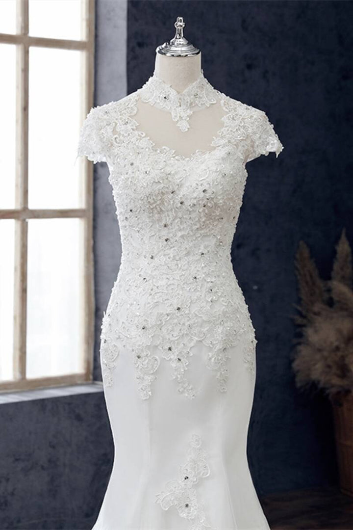 White Appliqués High Collar Cutout Mermaid Wedding Dress