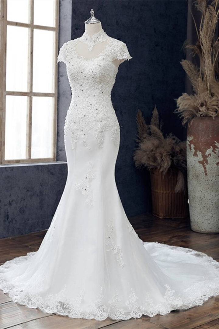 White Appliqués High Collar Cutout Mermaid Wedding Dress