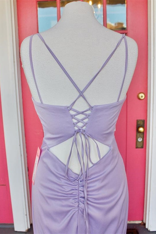 Lavender Cowl Neck Lace-Up Back Long Dress