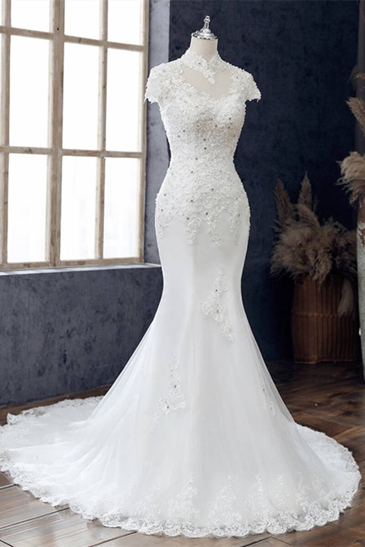 White Appliqués High Collar Cutout Mermaid Wedding Dress