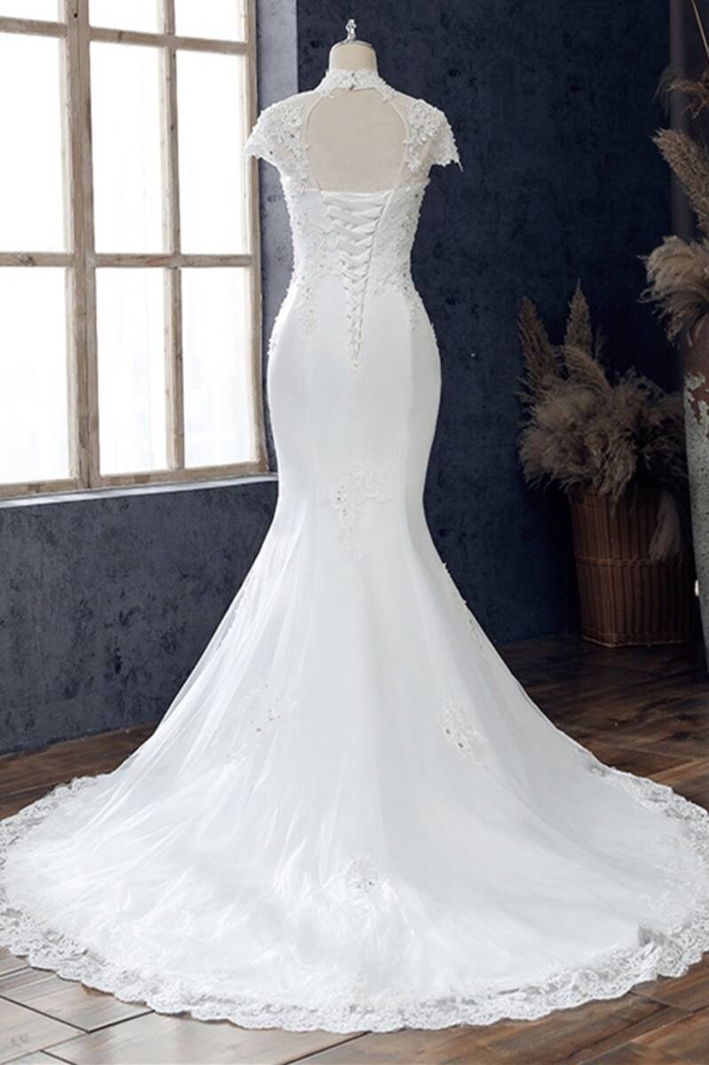 White Appliqués High Collar Cutout Mermaid Wedding Dress