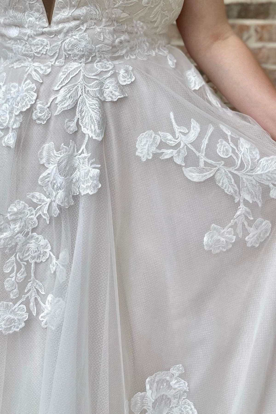 White Floral Lace Plunge Neck A-Line Bridal Gown