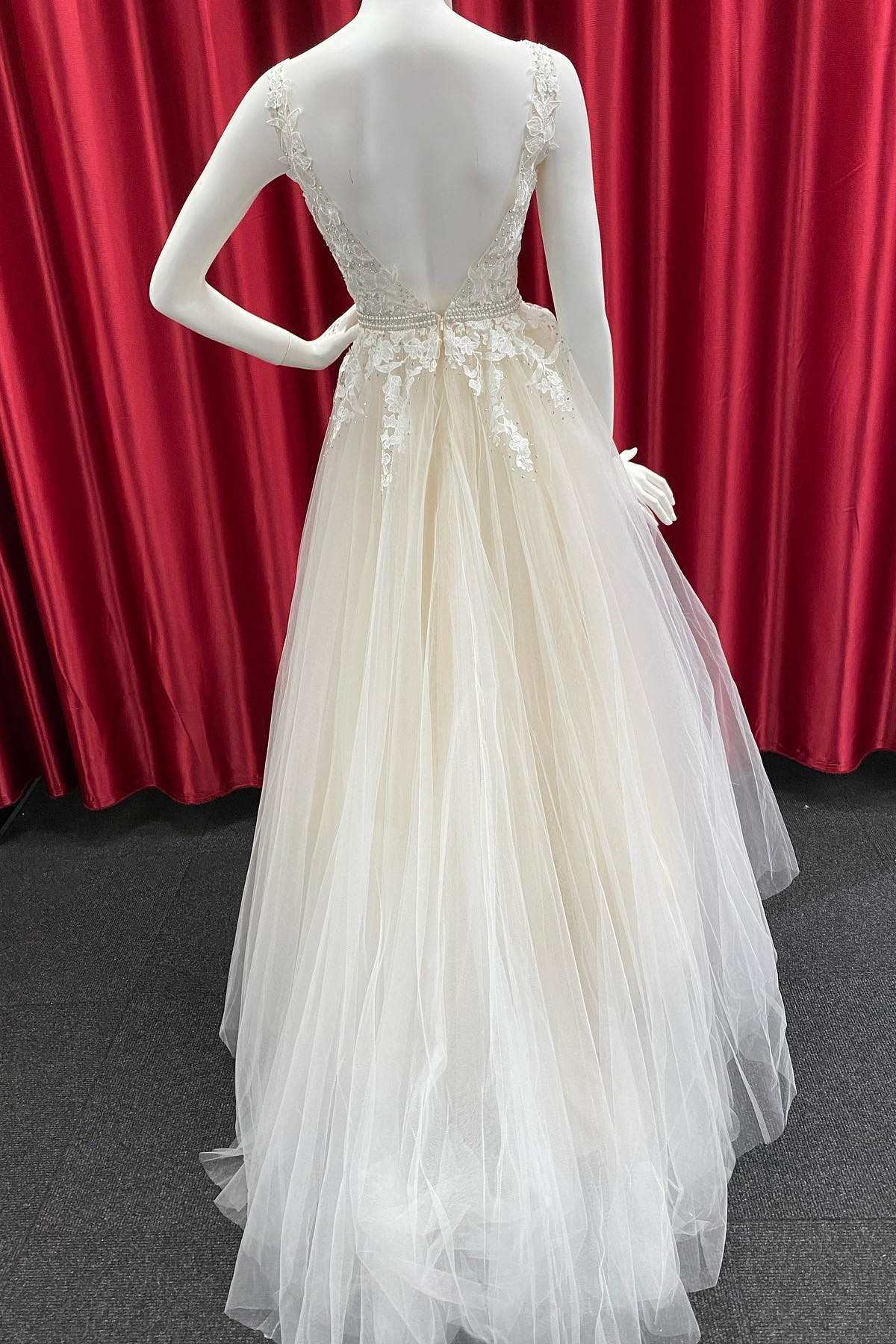 Ivory Tulle Applique Open Back A-Line Prom Dress