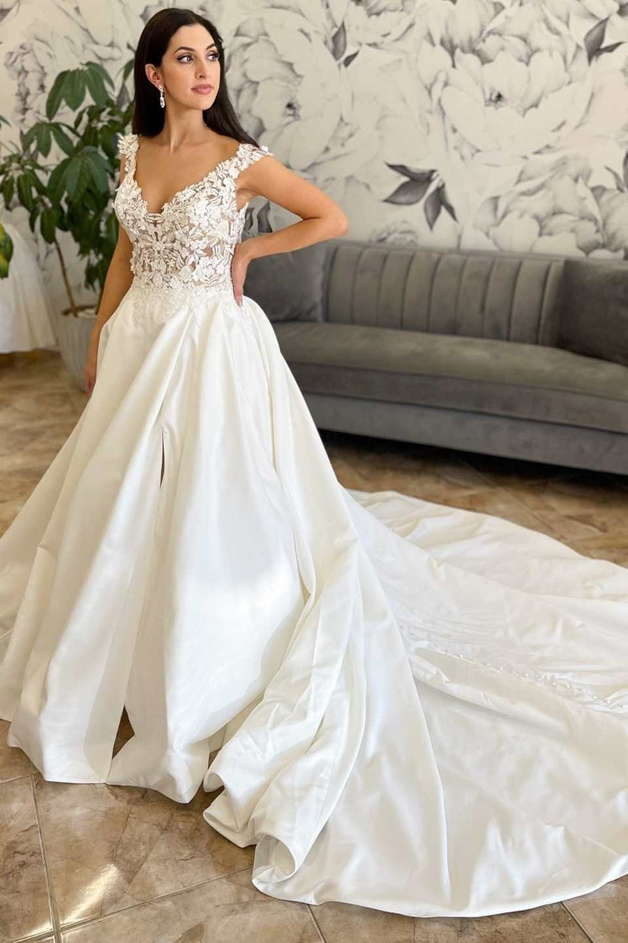 White Lace Satin Off-the Shoulder Backless Bridal Gown