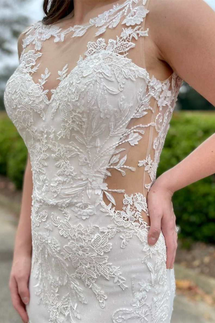 White Lace Illusion Neck Mermaid Long Bridal Gown